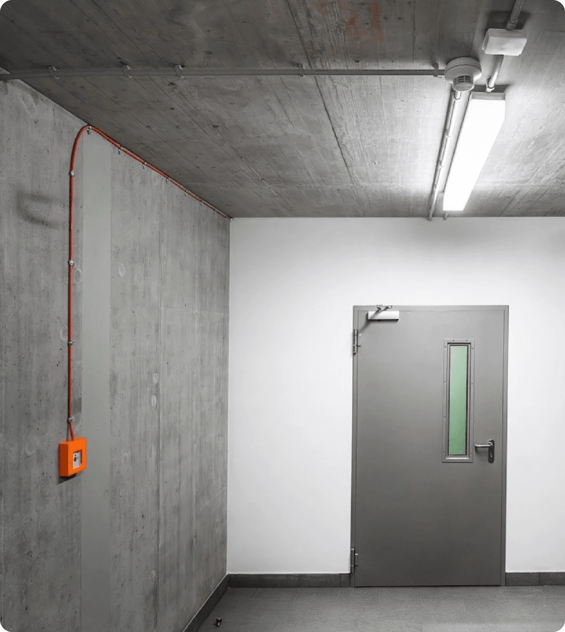 Fire safety corridor showing professional fire protection systems